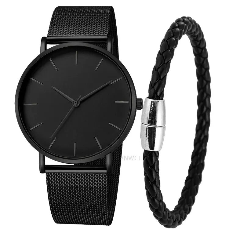 NNEOBA Mens Ultra Thin Magnetic Bracelet Quartz Watch - All-Black Slim Mesh Steel-Quartz Watches-PEROZ Accessories