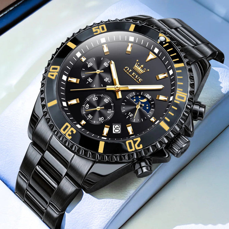 NNEOBA Waterproof Moon Phase Quartz Wristwatch - All Black-Quartz Watches-PEROZ Accessories