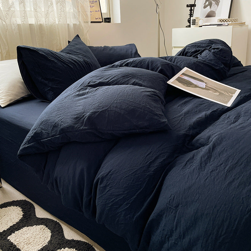 Navy Blue Solid Color Solid Color Solid Color 1.5m Bed Fitted Sheet Set with 200x230cm Duvet Cover - 4-Piece Bedding Set-Home &amp; Garden > Bedding > Bed Sheets-PEROZ Accessories