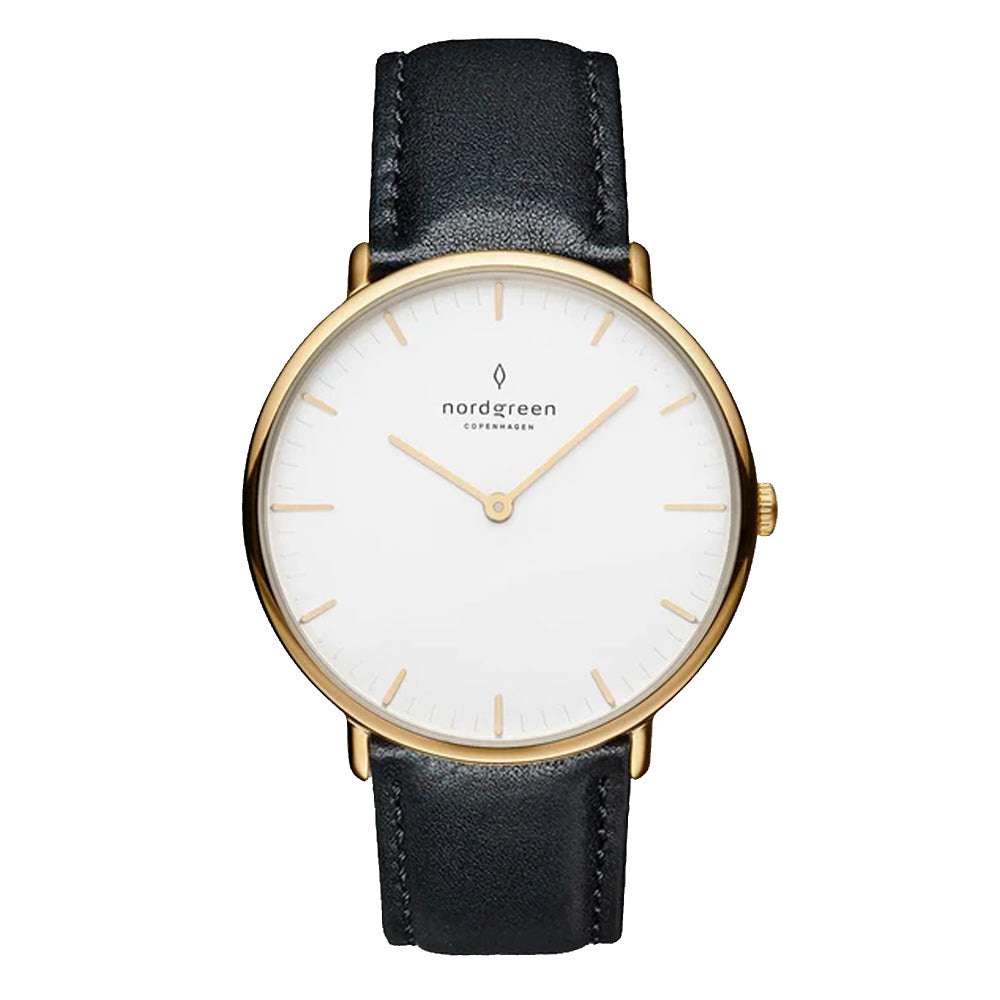 Nordgreen Native 36mm Yellow Gold Case Black Leather Strap Watch-PEROZ Accessories