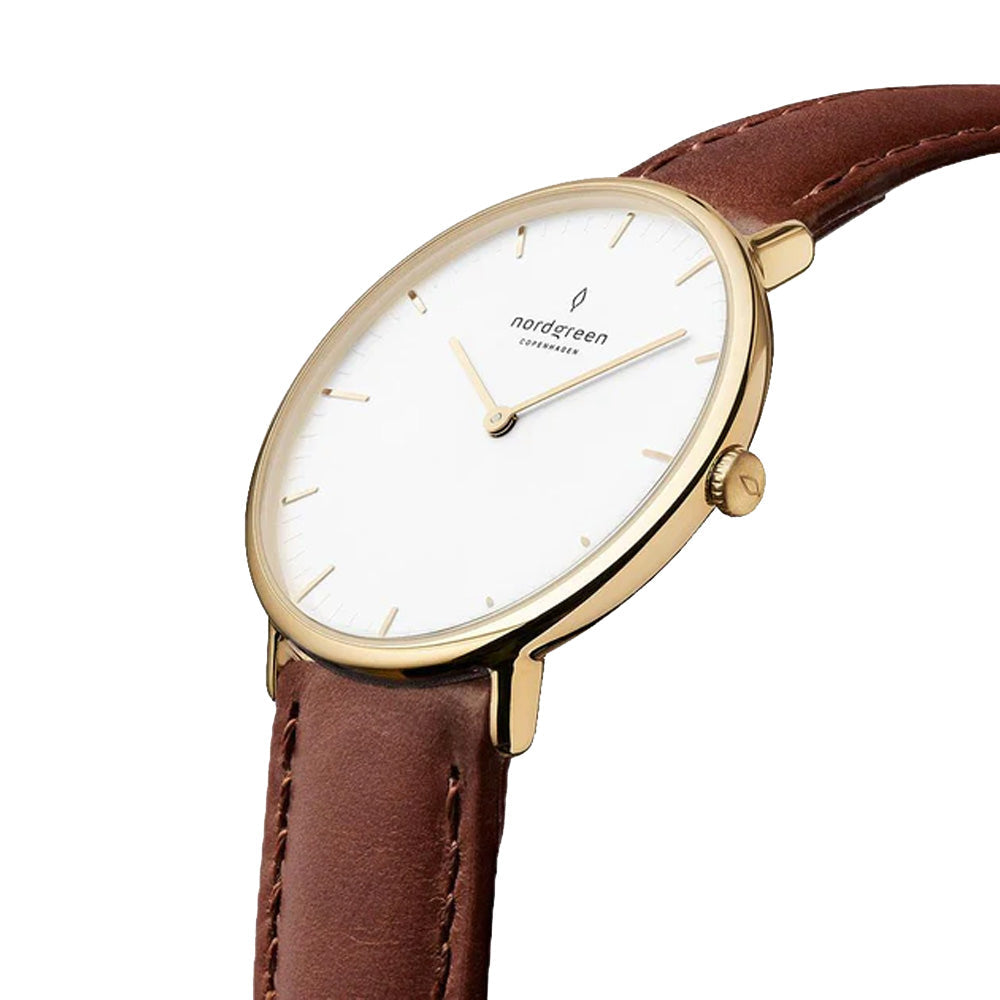 Nordgreen Native 36mm Yellow Gold Case Brown Leather Strap Watch-PEROZ Accessories