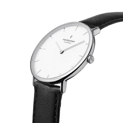 Nordgreen Native 40mm Silver Case Black Leather Watch-PEROZ Accessories