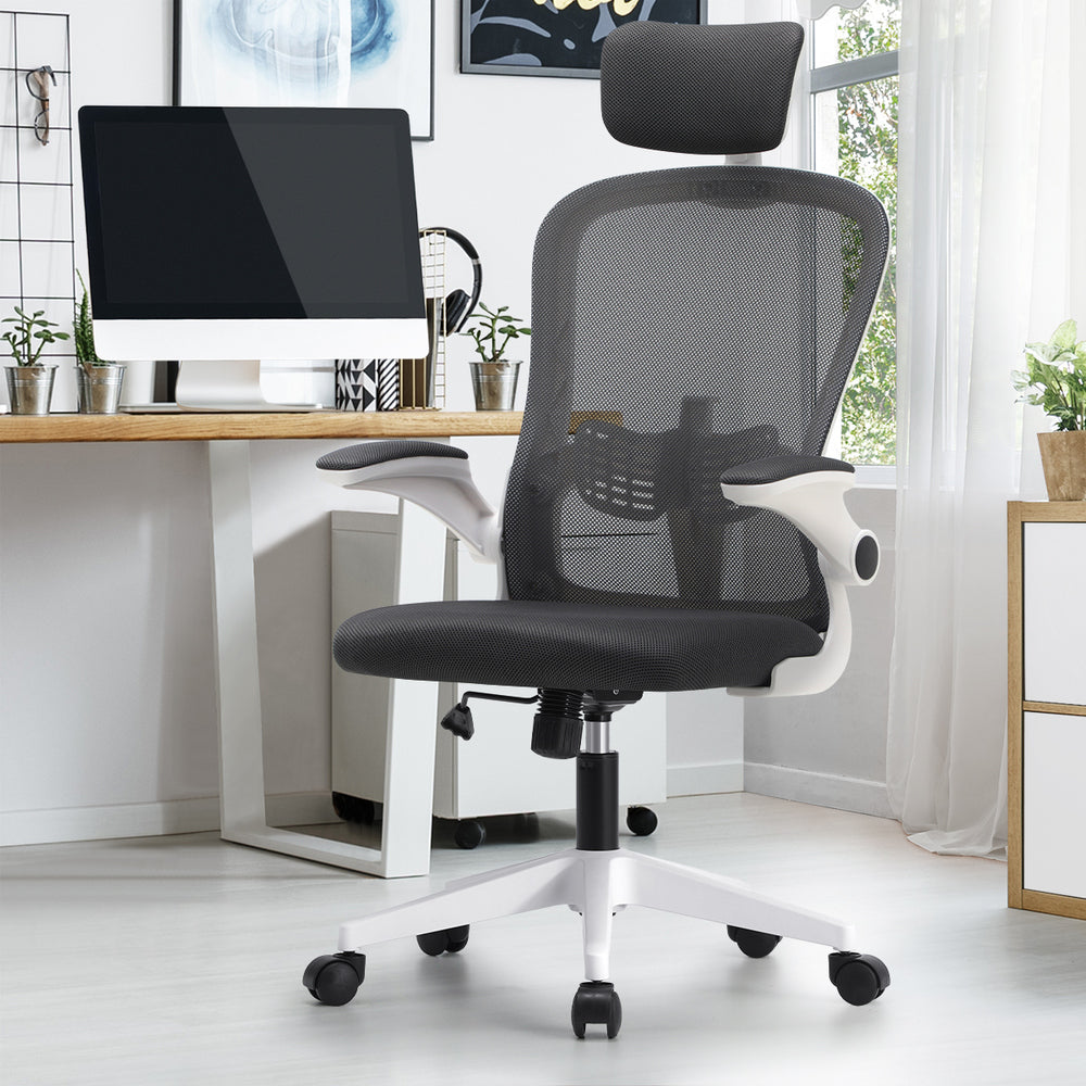 Oikiture Mesh Office Chair Executive Seat Racing Tilt DGY&amp;WH-Office Chairs-PEROZ Accessories