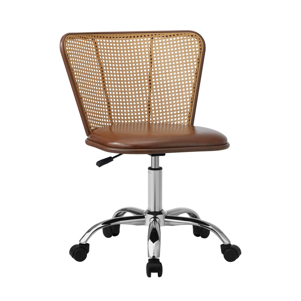 Oikiture Rattan Office Chair PU Leather Seat Dark Brown-Office Chairs-PEROZ Accessories
