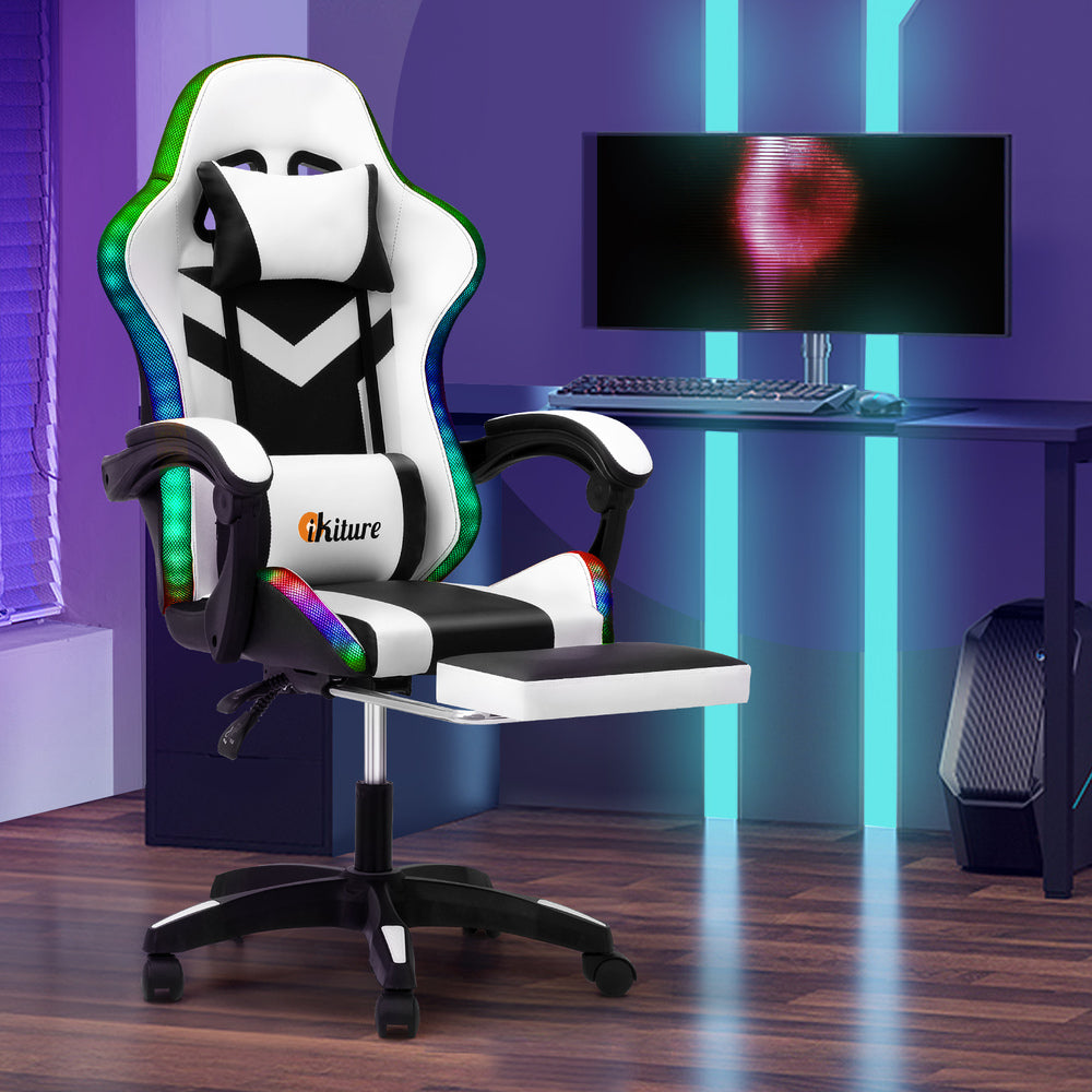 Oikiture Racing Gaming Chair 7 RGB LED 8 Points Massage Black&amp;White-Racing Gaming Chairs-PEROZ Accessories