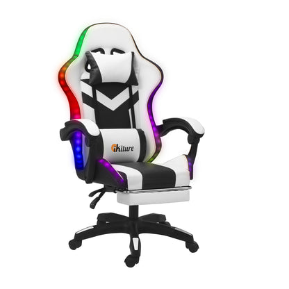Oikiture Racing Gaming Chair 7 RGB LED 8 Points Massage Black&amp;White-Racing Gaming Chairs-PEROZ Accessories
