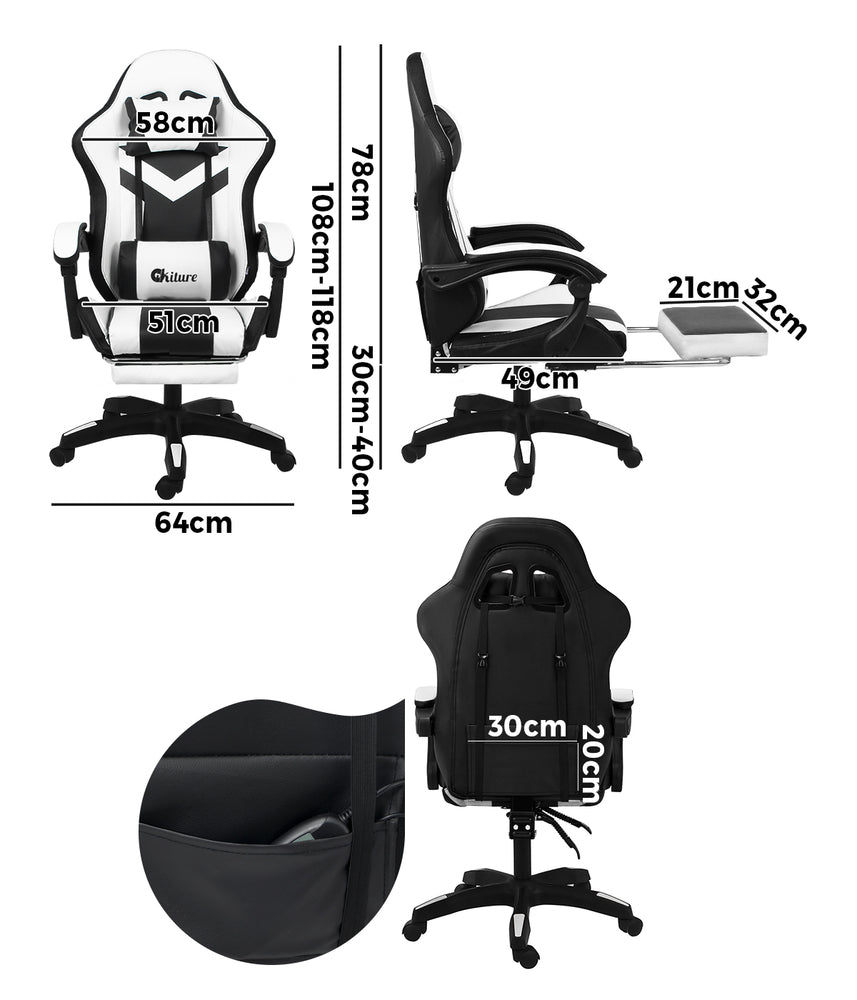 Oikiture Racing Gaming Chair 7 RGB LED 8 Points Massage Black&amp;White-Racing Gaming Chairs-PEROZ Accessories