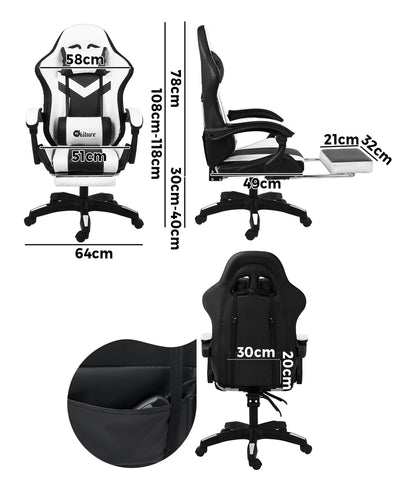 Oikiture Racing Gaming Chair 7 RGB LED 8 Points Massage Black&amp;White-Racing Gaming Chairs-PEROZ Accessories