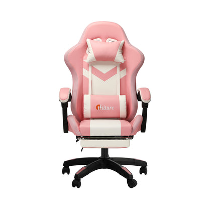 Oikiture Racing Gaming Chair 7 RGB LED 8 Points Massage Pink&amp;White-Racing Gaming Chairs-PEROZ Accessories