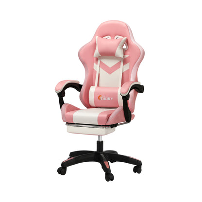 Oikiture Racing Gaming Chair 7 RGB LED 8 Points Massage Pink&amp;White-Racing Gaming Chairs-PEROZ Accessories