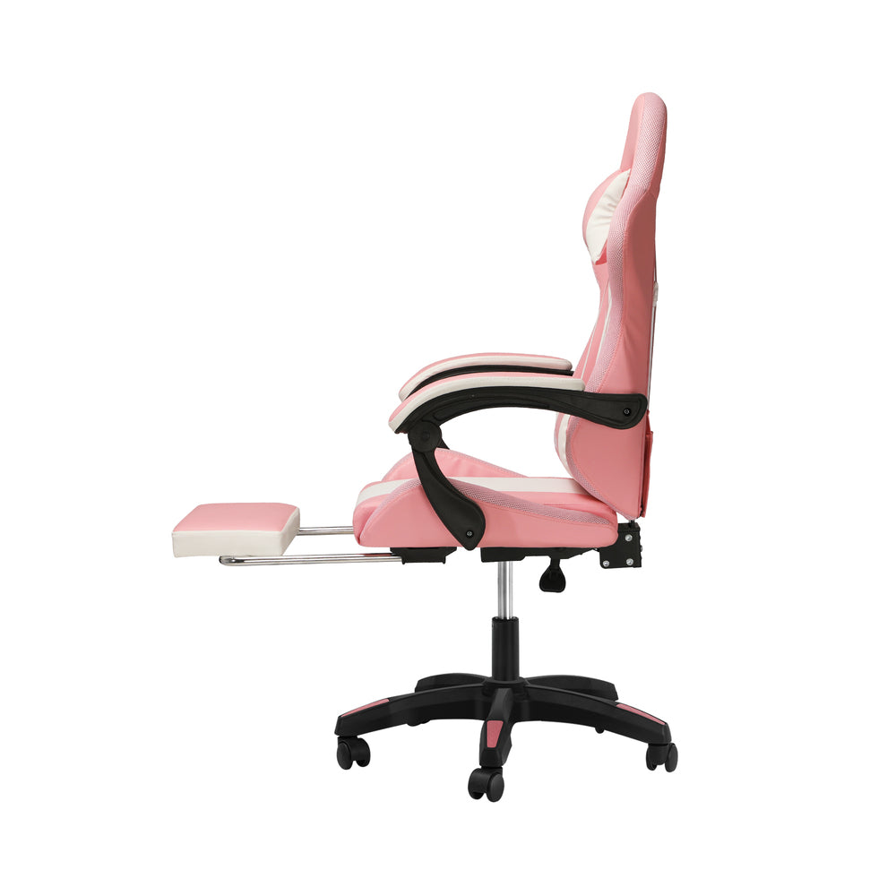 Oikiture Racing Gaming Chair 7 RGB LED 8 Points Massage Pink&amp;White-Racing Gaming Chairs-PEROZ Accessories