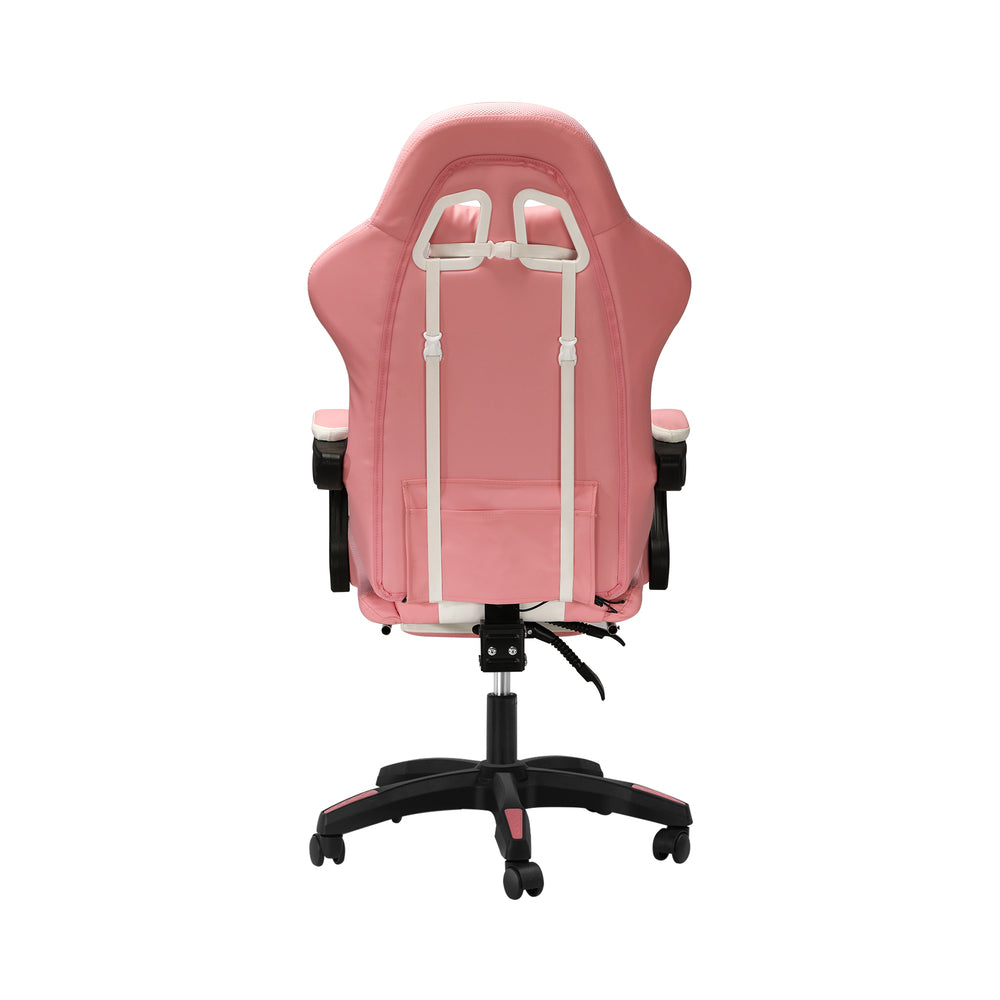 Oikiture Racing Gaming Chair 7 RGB LED 8 Points Massage Pink&amp;White-Racing Gaming Chairs-PEROZ Accessories