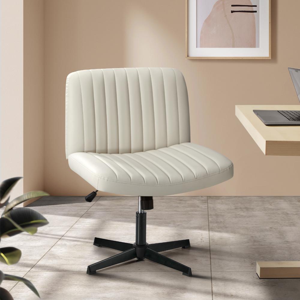 Oikiture Mid Back Office Chair Wide Seat PU Leather Beige-Office Chairs-PEROZ Accessories