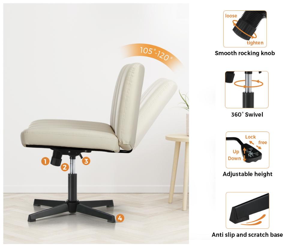 Oikiture Mid Back Office Chair Wide Seat PU Leather Beige-Office Chairs-PEROZ Accessories