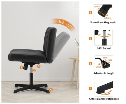 Oikiture Mid Back Armless Office Chair PU Leather Black-Office Chairs-PEROZ Accessories