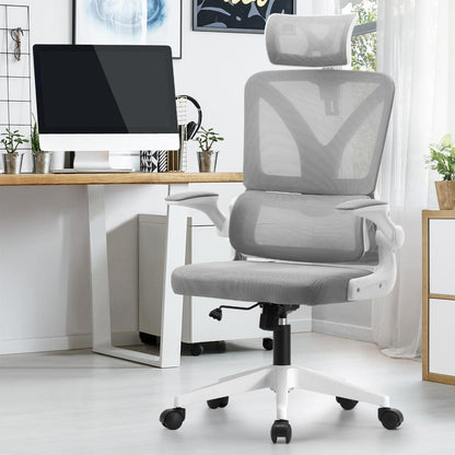 Oikiture Mesh Office Chair D-Shape Back Support White-Office Chairs-PEROZ Accessories