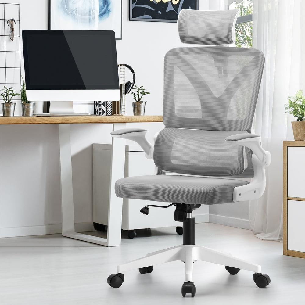 Oikiture Mesh Office Chair D-Shape Back Support White-Office Chairs-PEROZ Accessories