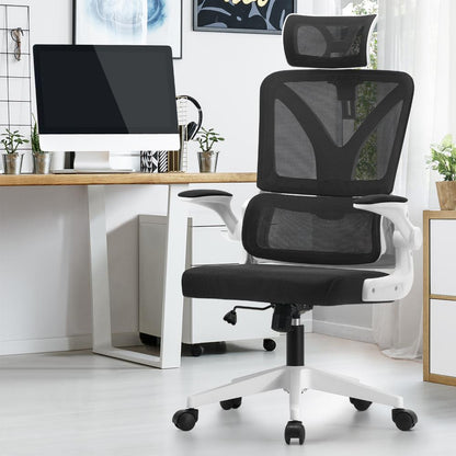Oikiture Mesh Office Chair D-Shape Back Support White&amp;Black-Office Chairs-PEROZ Accessories