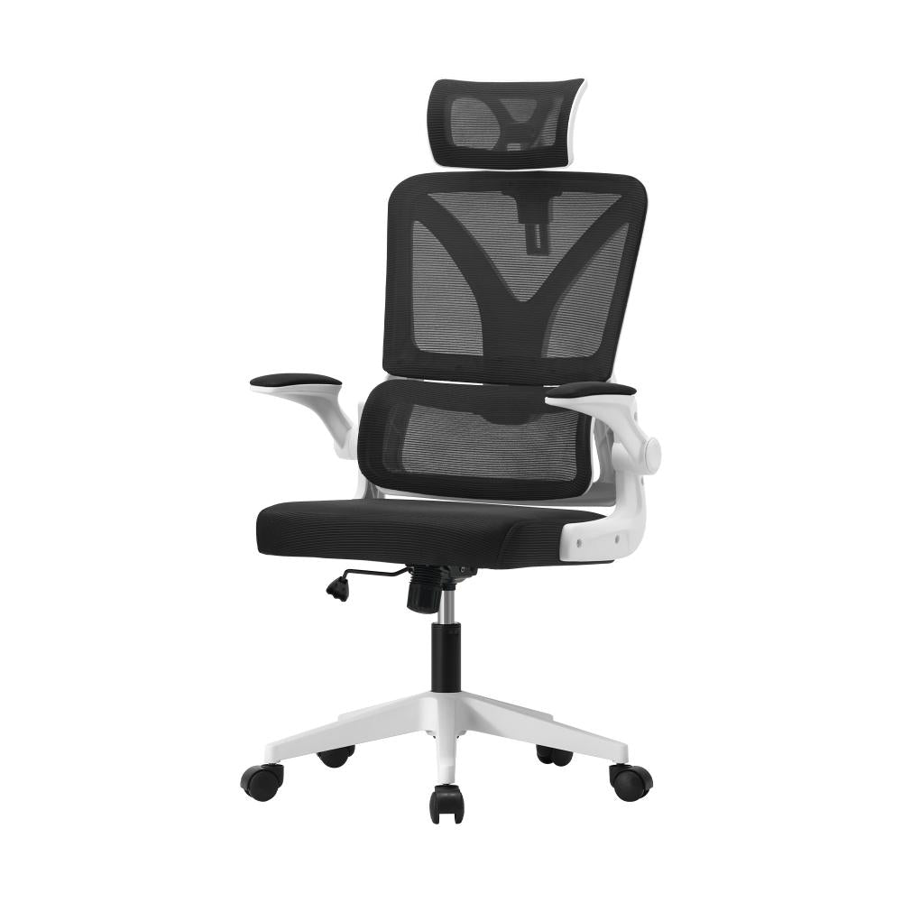 Oikiture Mesh Office Chair D-Shape Back Support White&amp;Black-Office Chairs-PEROZ Accessories