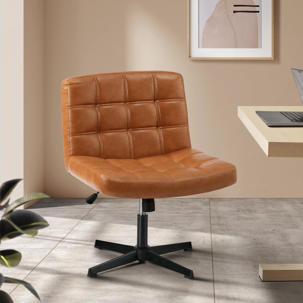 Oikiture Mid Back Office Chair Wide Seat Leather Brown No Wheels-Office Chair-PEROZ Accessories