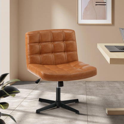 Oikiture Mid Back Office Chair Wide Seat Leather Brown No Wheels-Office Chair-PEROZ Accessories