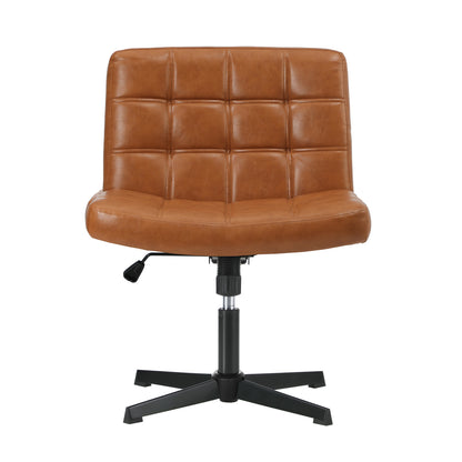 Oikiture Mid Back Office Chair Wide Seat Leather Brown No Wheels-Office Chair-PEROZ Accessories