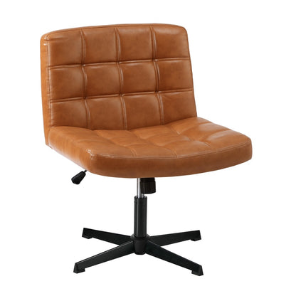 Oikiture Mid Back Office Chair Wide Seat Leather Brown No Wheels-Office Chair-PEROZ Accessories