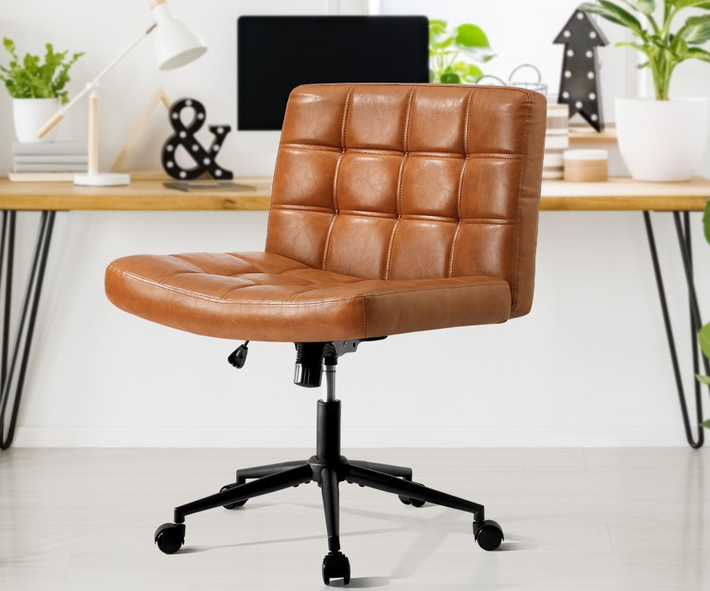 Oikiture Mid Back Office Chair Wide Seat PU Leather Brown w/Wheels-Office Chair-PEROZ Accessories