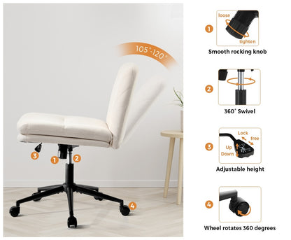 Oikiture Armless Office Chair Wide Seat Linen with Wheels Beige-Office Chair-PEROZ Accessories