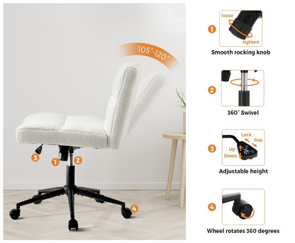 Oikiture Armless Office Chair Wide Seat with Wheels Boucle White-Office Chair-PEROZ Accessories