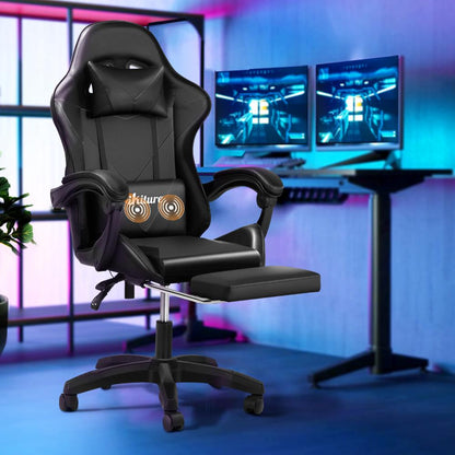 Oikiture Home Gaming Chair Executive Computer Desk Chair with Footrest and Lumbar Pillow Massage Office Chair Black-Massage Office Chairs-PEROZ Accessories