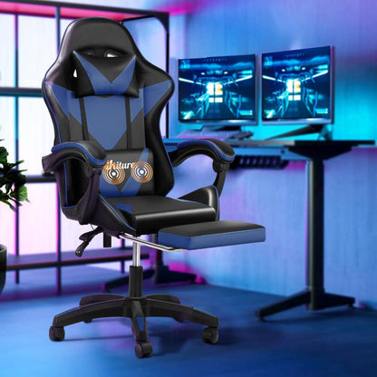 Oikiture Home Gaming Chair Executive Computer Desk Chair with Footrest and Lumbar Pillow Massage Office Chair Black and Blue-Massage Office Chairs-PEROZ Accessories