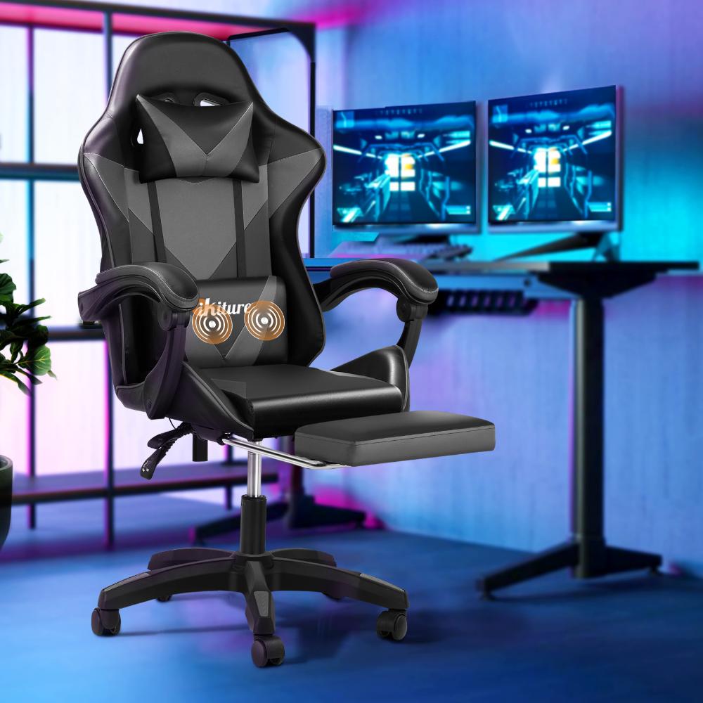 Oikiture Home Gaming Chair Executive Computer Desk Chair with Footrest and Lumbar Pillow Massage Office Chair Black and Grey-Massage Office Chairs-PEROZ Accessories