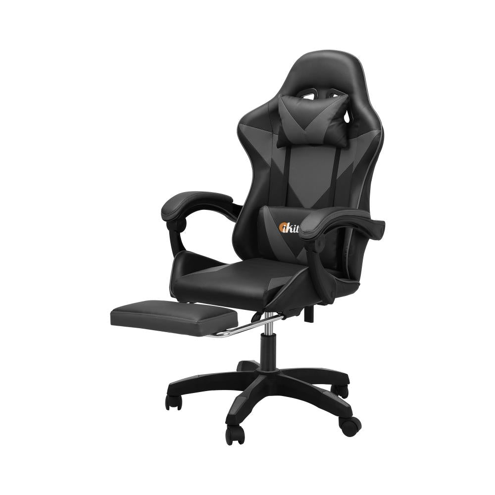 Oikiture Home Gaming Chair Executive Computer Desk Chair with Footrest and Lumbar Pillow Massage Office Chair Black and Grey-Massage Office Chairs-PEROZ Accessories