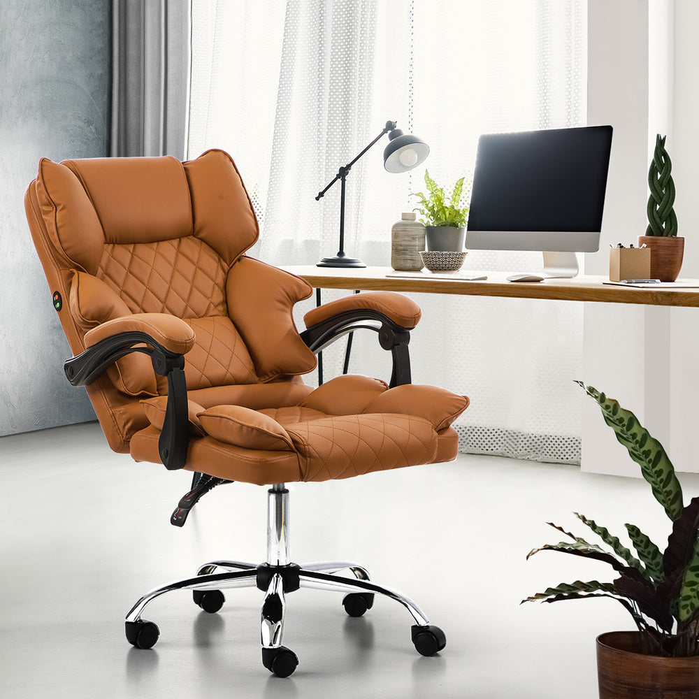Oikiture Massage Office Chair Premium PU Leather Gaming Seat Brown-Office Chair-PEROZ Accessories