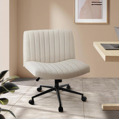 Oikiture Mid Back Office Chair Wide Seat with Wheels Linen Beige-Office Chairs-PEROZ Accessories