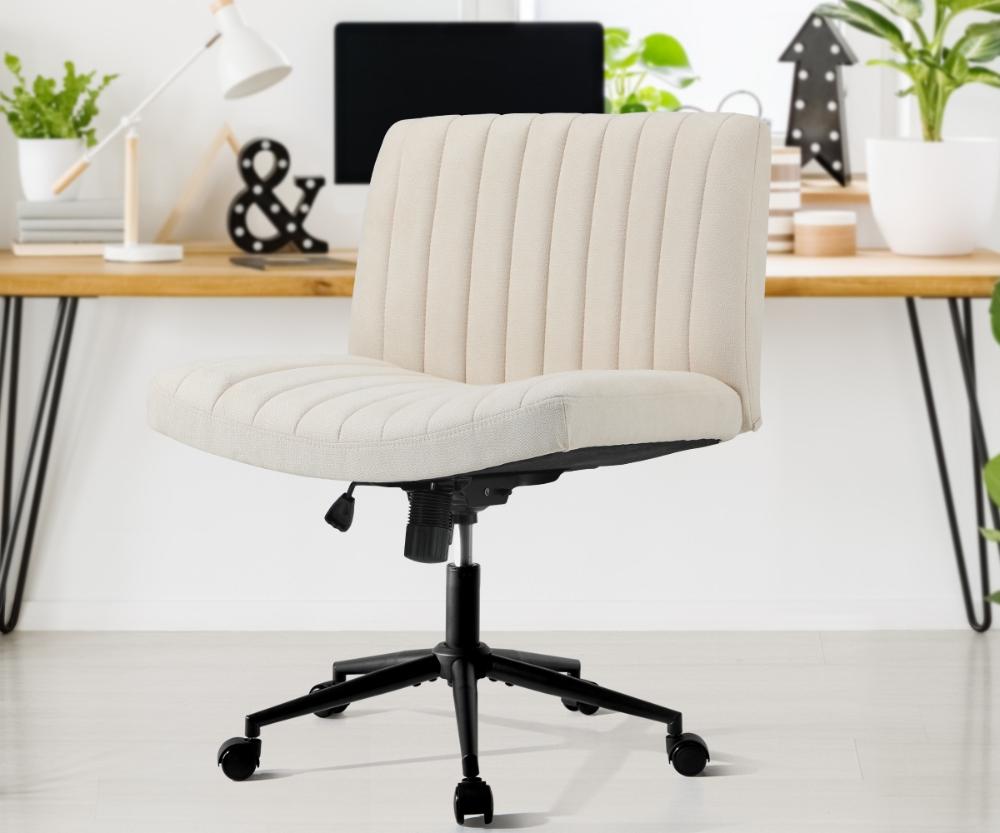 Oikiture Mid Back Office Chair Wide Seat with Wheels Linen Beige-Office Chairs-PEROZ Accessories