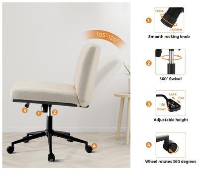 Oikiture Mid Back Office Chair Wide Seat with Wheels Linen Beige-Office Chairs-PEROZ Accessories
