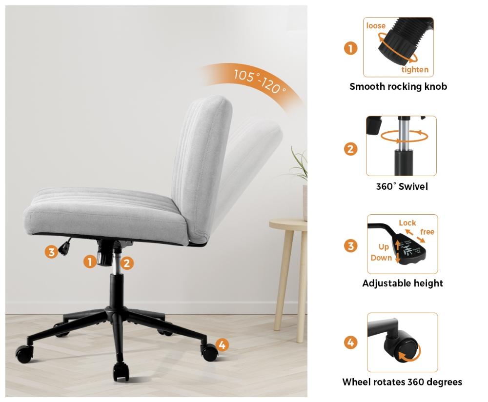 Oikiture Mid Back Office Chair Wide Seat with Wheels Linen Grey-Office Chairs-PEROZ Accessories