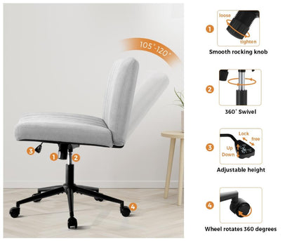 Oikiture Mid Back Office Chair Wide Seat with Wheels Linen Grey-Office Chairs-PEROZ Accessories