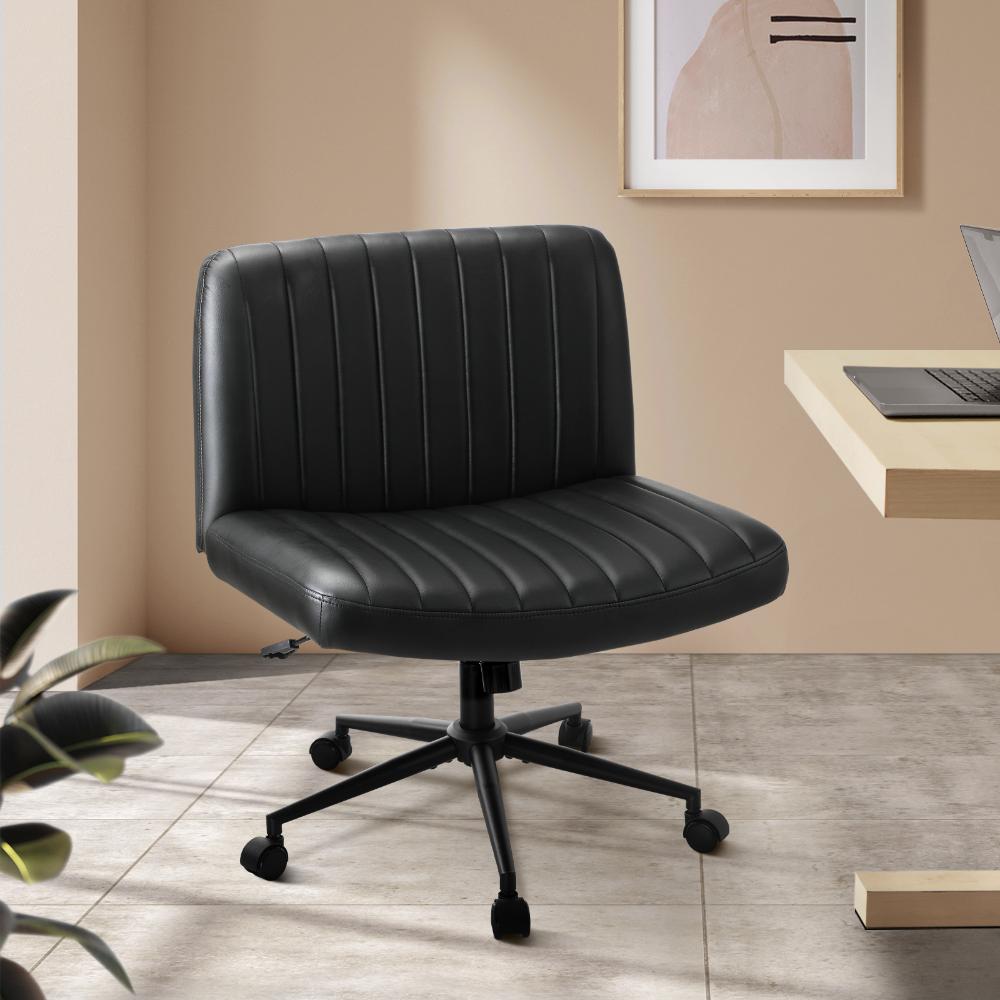 Oikiture Mid Back Office Chair Wide Seat with Wheels Leather Black-Office Chairs-PEROZ Accessories