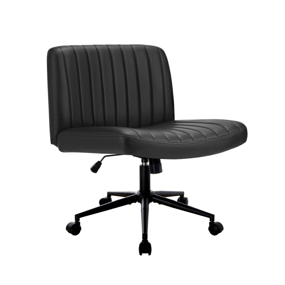 Oikiture Mid Back Office Chair Wide Seat with Wheels Leather Black-Office Chairs-PEROZ Accessories
