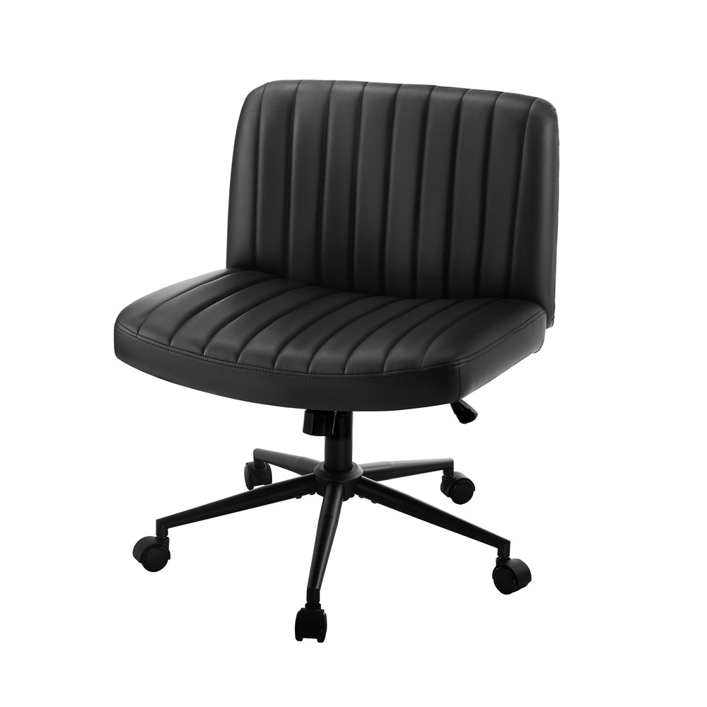 Oikiture Mid Back Office Chair Wide Seat with Wheels Leather Black-Office Chairs-PEROZ Accessories