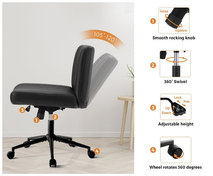 Oikiture Mid Back Office Chair Wide Seat with Wheels Leather Black-Office Chairs-PEROZ Accessories