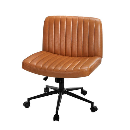 Oikiture Mid Back Office Chair Wide Seat with Wheels Leather Brown-Office Chairs-PEROZ Accessories