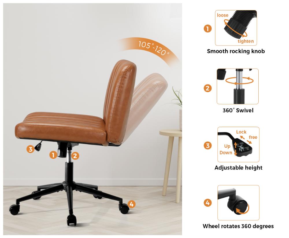 Oikiture Mid Back Office Chair Wide Seat with Wheels Leather Brown-Office Chairs-PEROZ Accessories