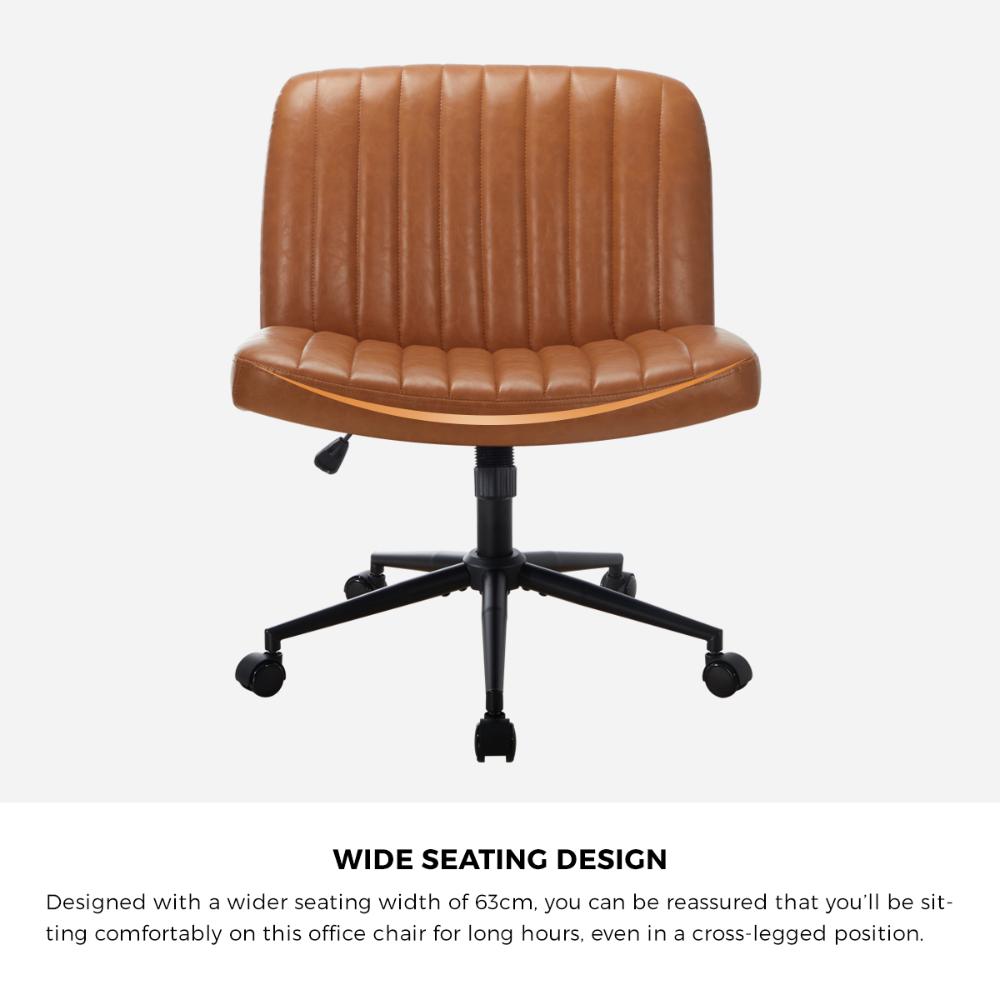 Oikiture Mid Back Office Chair Wide Seat with Wheels Leather Brown-Office Chairs-PEROZ Accessories