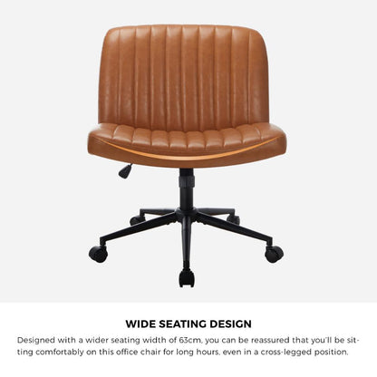 Oikiture Mid Back Office Chair Wide Seat with Wheels Leather Brown-Office Chairs-PEROZ Accessories