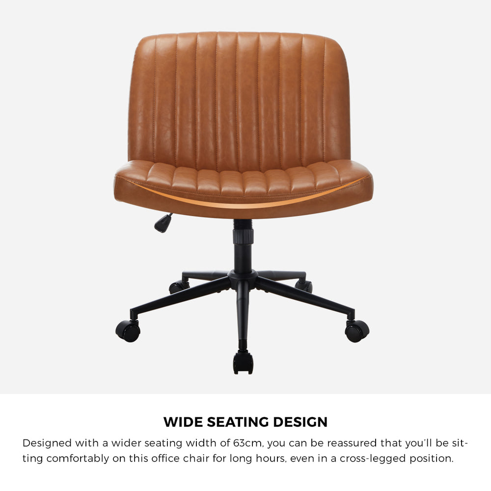 Oikiture Mid Back Office Chair Wide Seat with Wheels Leather Brown-Office Chairs-PEROZ Accessories