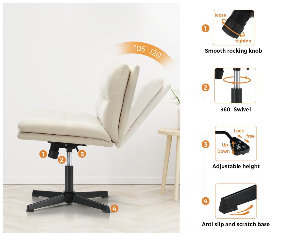 Oikiture Mid Back Armless Office Chair Wide Seat Linen Beige-Office Chairs-PEROZ Accessories